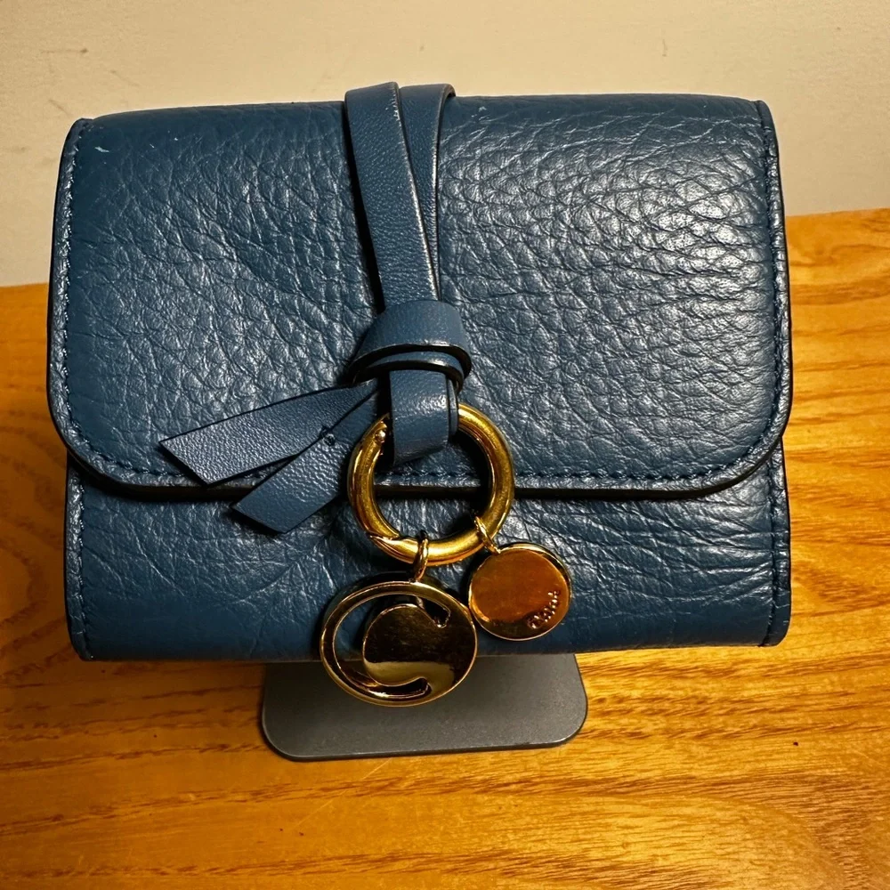 Chloe Blue Leather Compact Alphabet Collection Leather Wallet with Gold Accents - Picture 1 of 7
